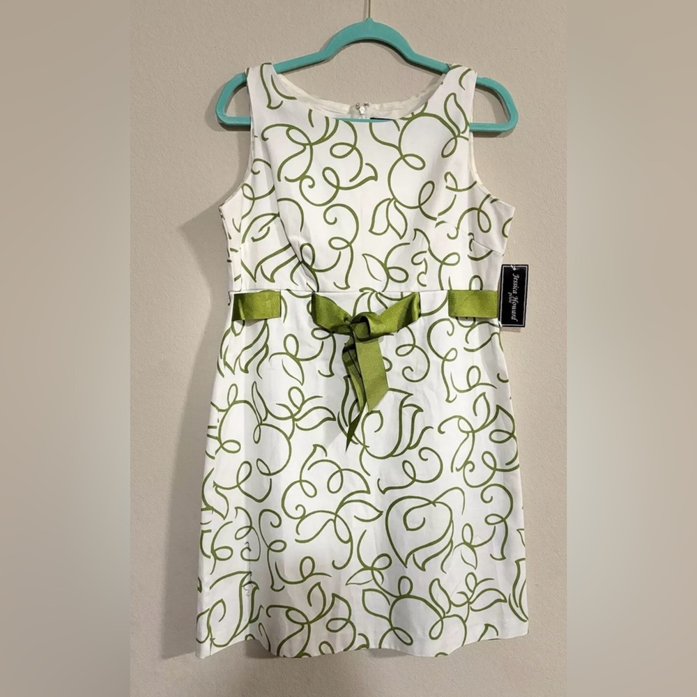 NWT Jessica Howard Sleeveless Green White With Ribbon Tie Dress Size 12P